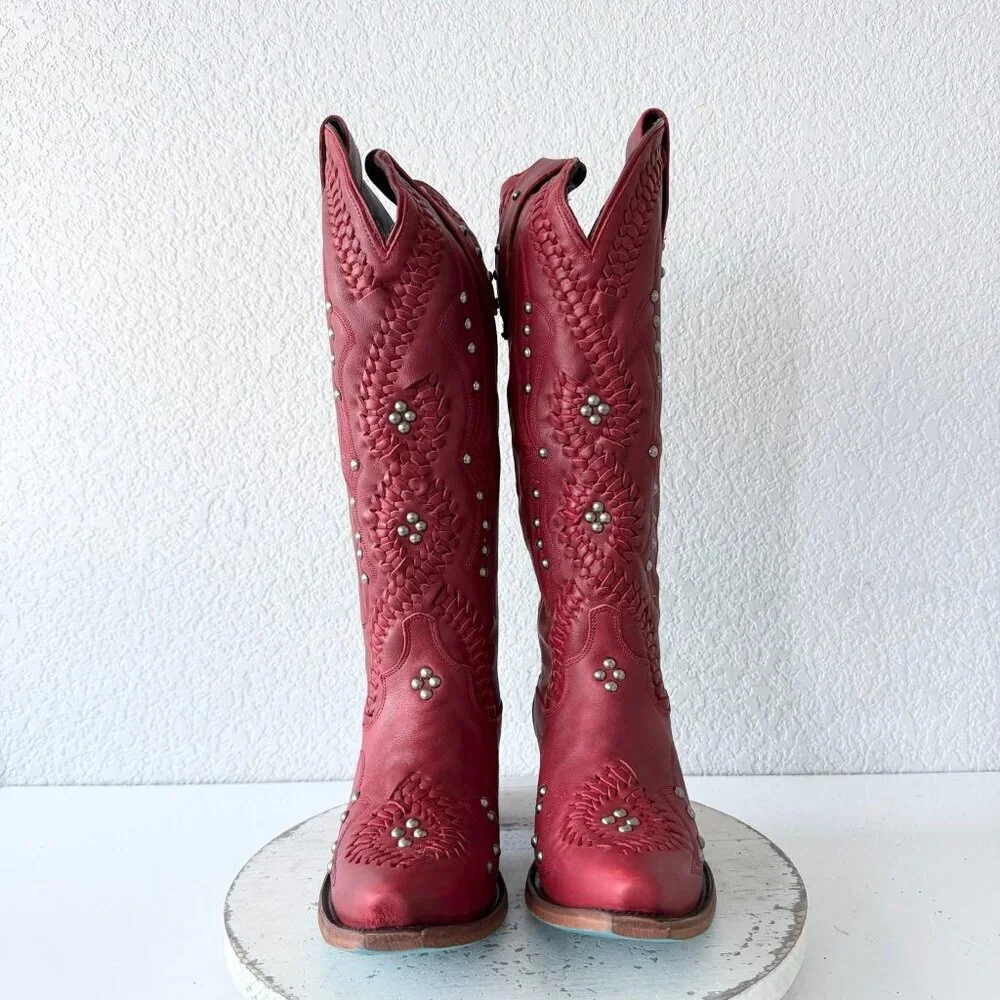 Lane COSSETTE Red Cowboy Boots Womens 9 Western Cowgirl Mid Calf Tall Snip Toe - Picture 5 of 11